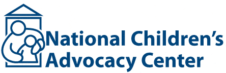 National Children's Advocacy Center logo, blue text with an abstract graphic of an adult figure holding a child.