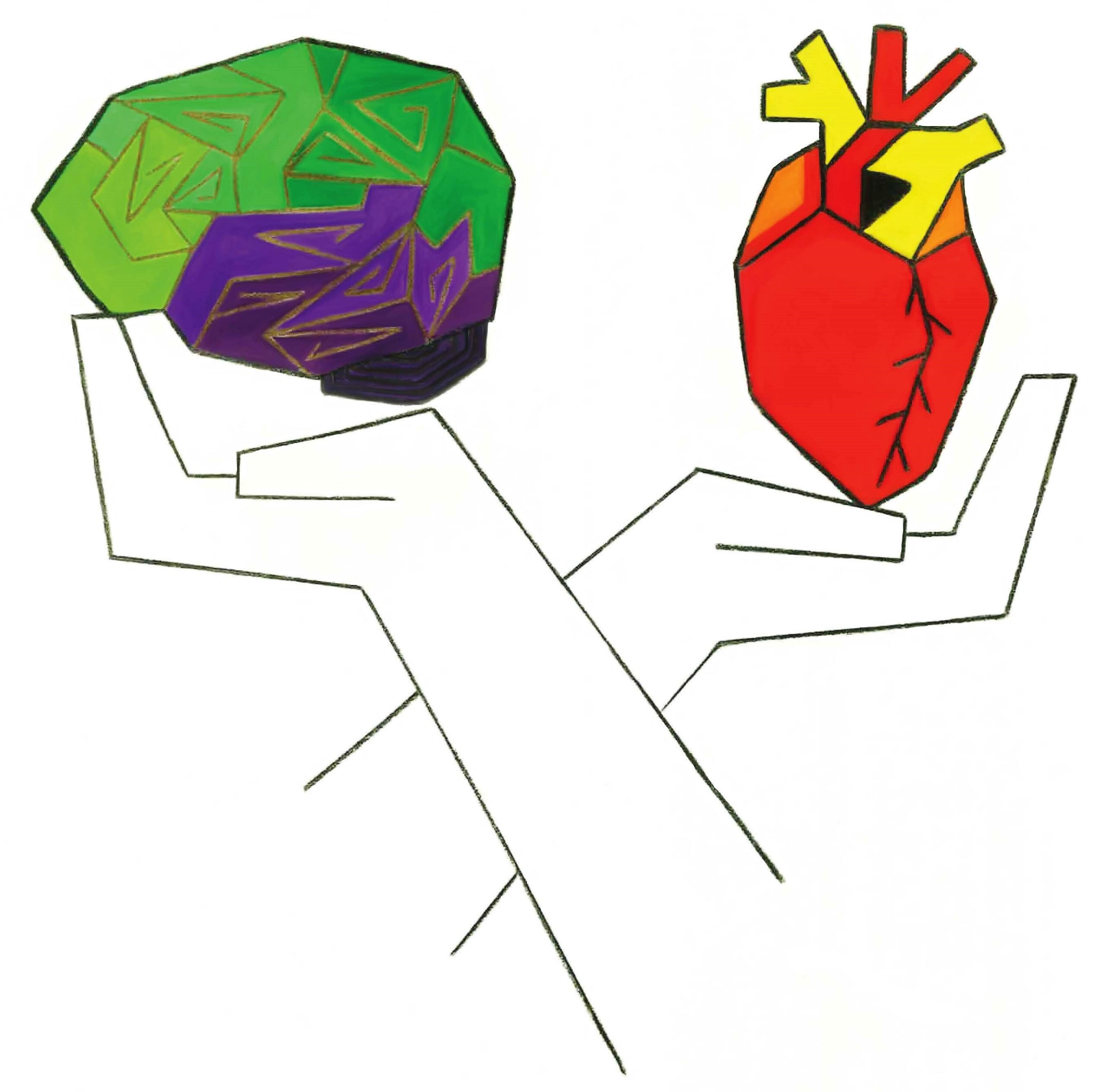 An abstract illustration of two arms crossed with palms up. Each holding an anatomical illustration of a green and purple brain and a red and yellow heart.